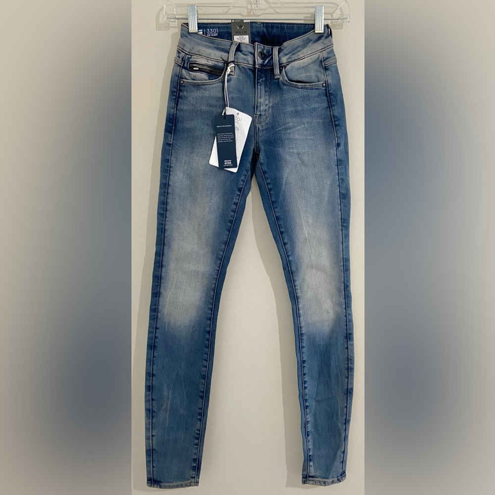 NWT Women G-Star Faded Aged Dark Blue Mid Skinny Jeans